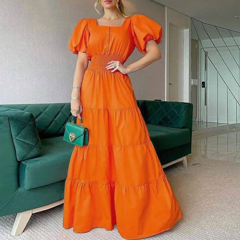 image-2022 Summer Ladies Dress Amazon Sundress Square Neck Puff Sleeve Maxi Dress Casual Beach Dress