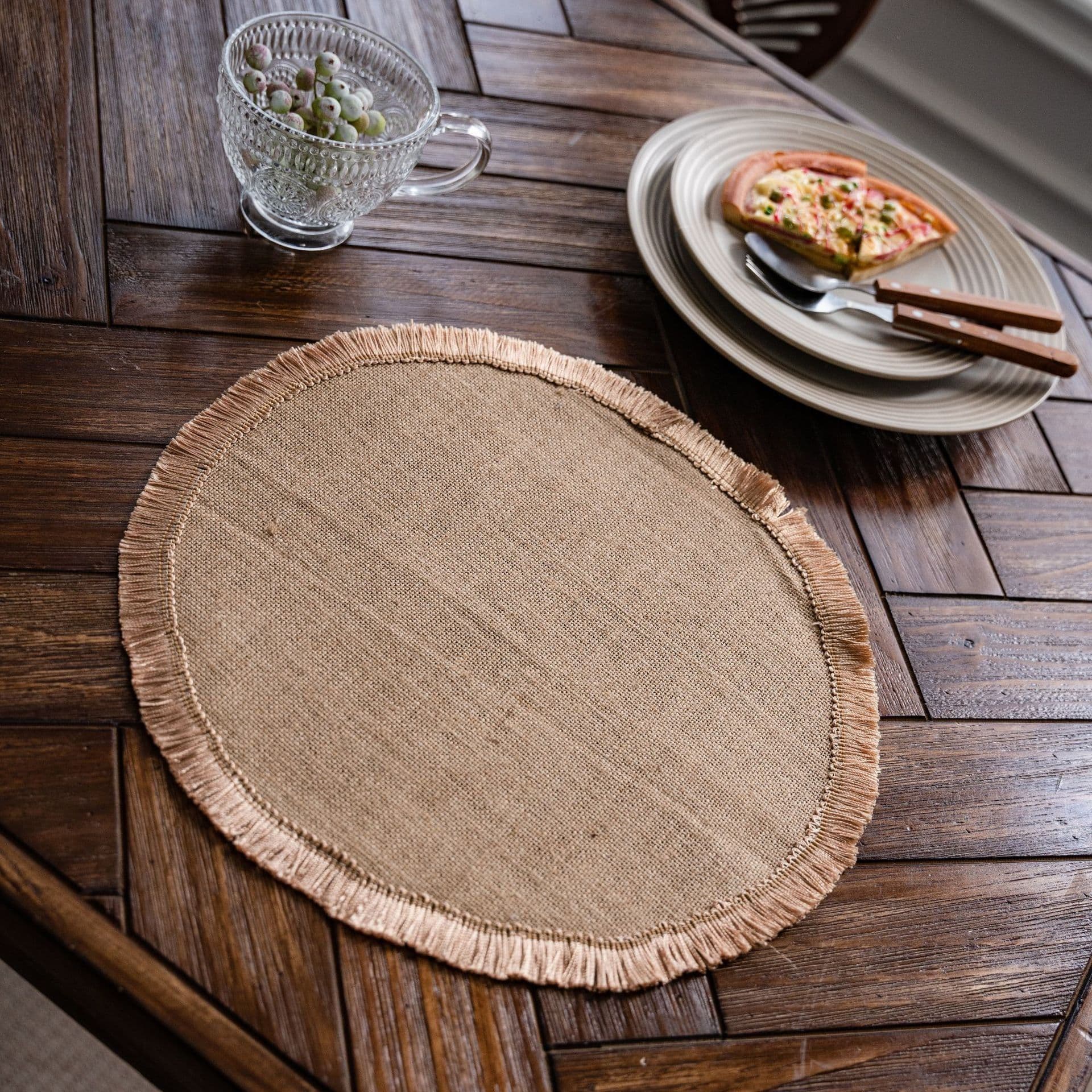 image-Yimanqiyun hemp rope placemat red tassel tableware mat woven color matching festival tassel bowl mat factory direct supply