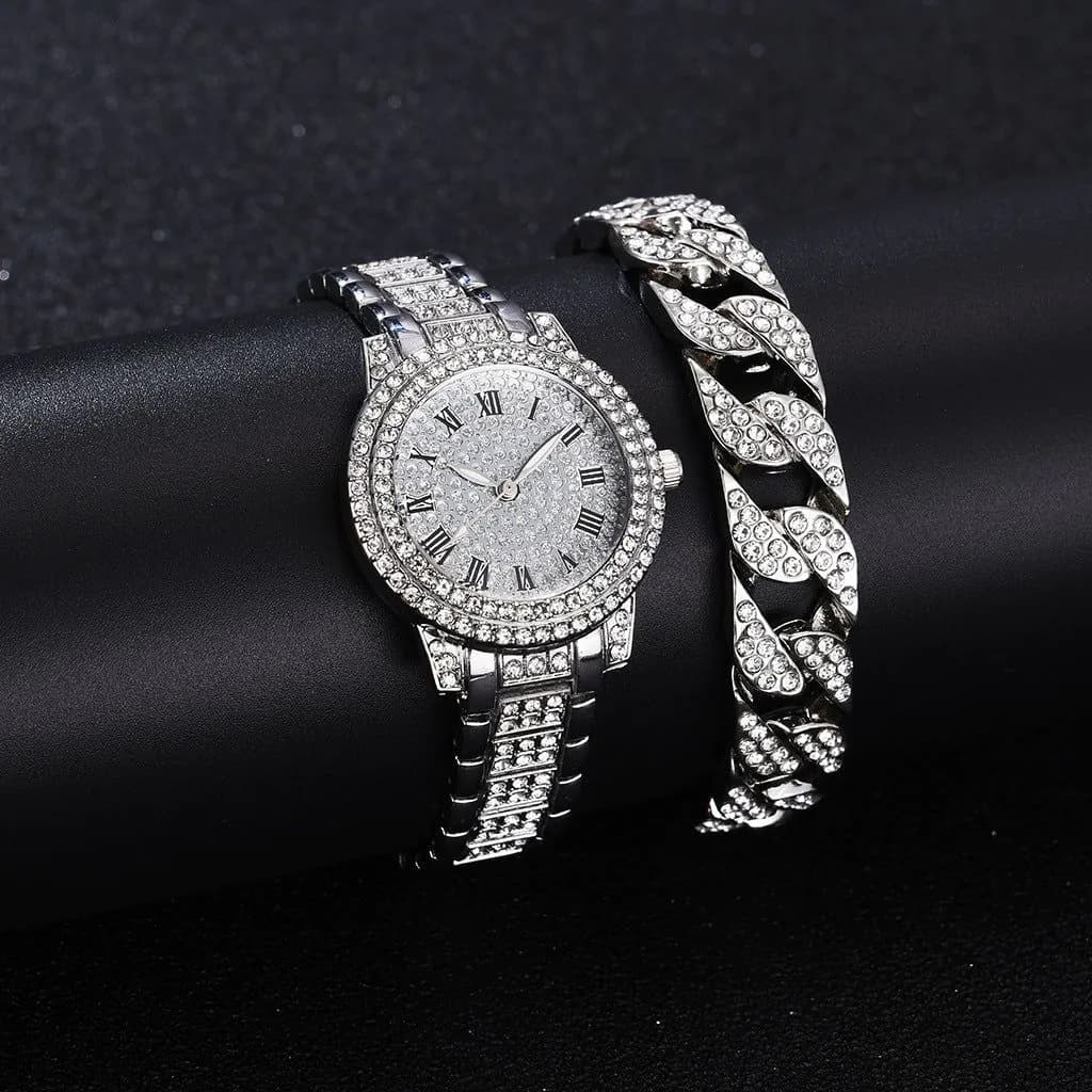 image-Roman Steel Belt Watch Full Diamonds Starry Quartz Hip-Hop Style (64 characters)