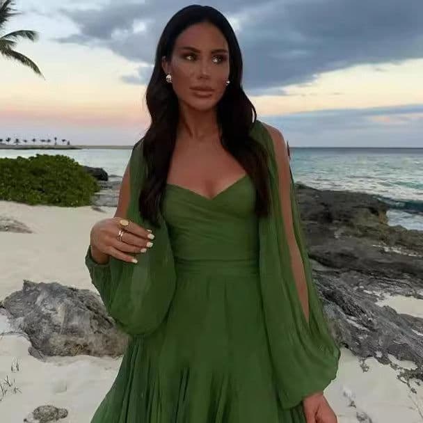 image-Cross-border European and American women's clothing hot-selling off-shoulder sleeves V-neck sexy dress