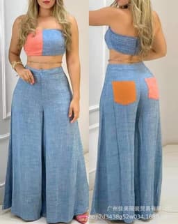 image-Caramel Women's Tube Top Pant Suit - Light Blue Sleeveless