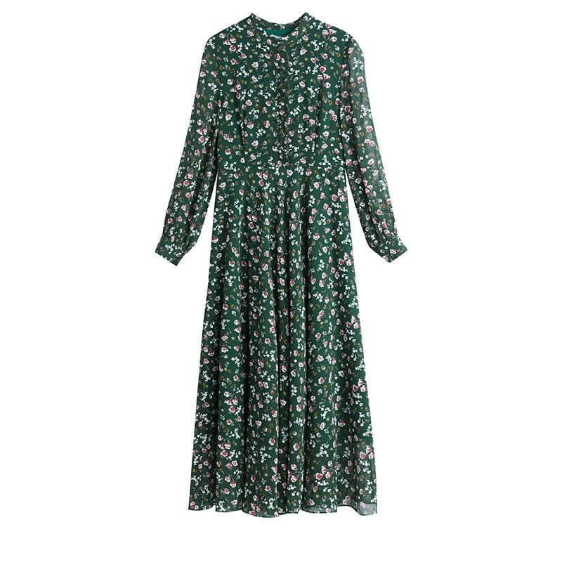 image-Floral Green Chiffon Dress - Big Swing Long Skirt 4XL Elegant