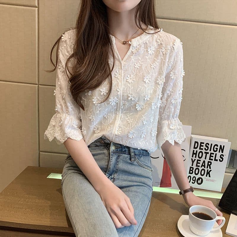 image-Women's 2023 Japanese V-Neck Embroidered Shirt - White, Slim