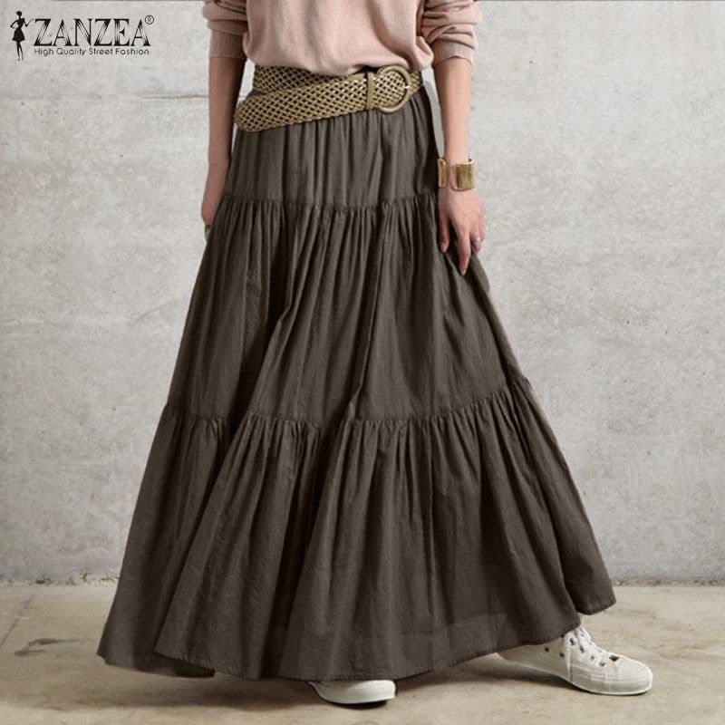 image-Cotton Linen Pleated Skirt - Brown 5XL Long