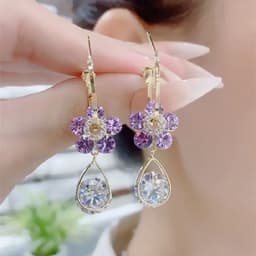 image-Flower Zircon Earrings - Purple Alloy Floral Studs