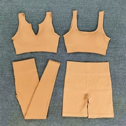 image-2021 Yoga Suit - Brown Four-Piece Set, Short Sleeve, Leggings, Size S