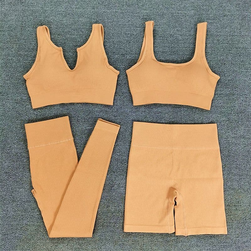 image-2021 Yoga Suit - Brown Four-Piece Set, Short Sleeve, Leggings, Size S