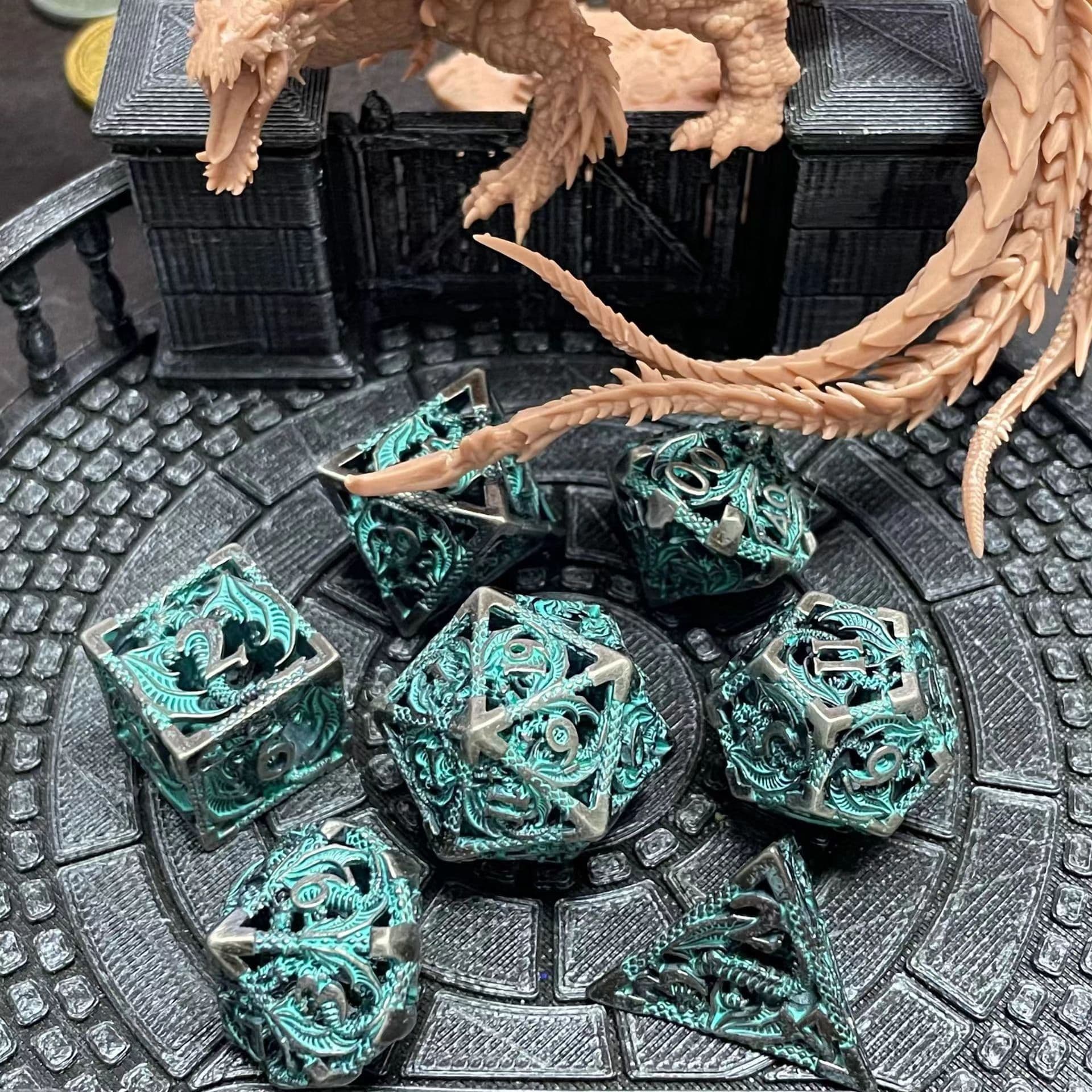 image-Metal D20 Dice - Hollow Dragon Design Green w/ Red Numbers