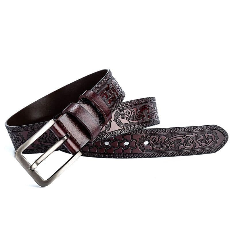 image-European and American retro embossed casual belt cross-border black all-match leather dark brown belt 3.8CM factory direct sale