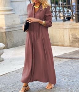 image-2023 European and American cross-border new large swing skirt solid color lapel long sleeve simple casual long shirt dress