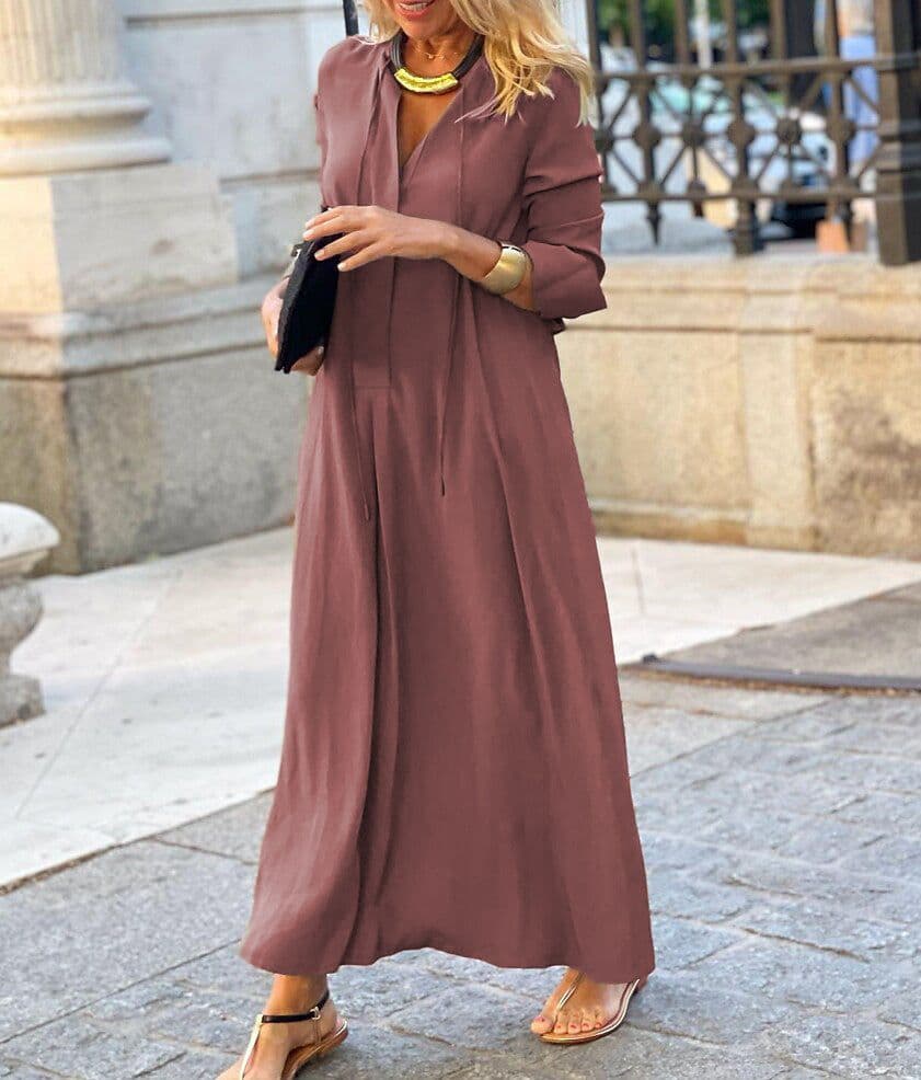 image-2023 European and American cross-border new large swing skirt solid color lapel long sleeve simple casual long shirt dress