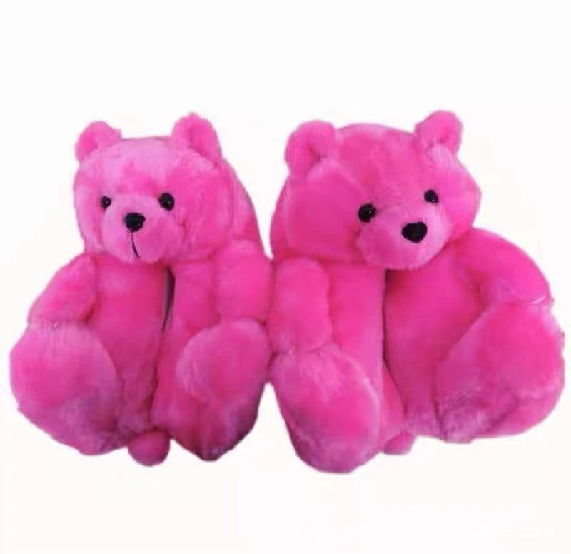 image-Cartoon Bear Plush Slippers - Large, South Korean Velvet, Dark Teddy Bear Shoes