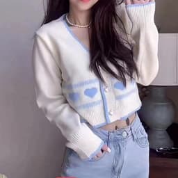 image-Women's V-Neck Cardigan Sweater - Blue Deer Plush