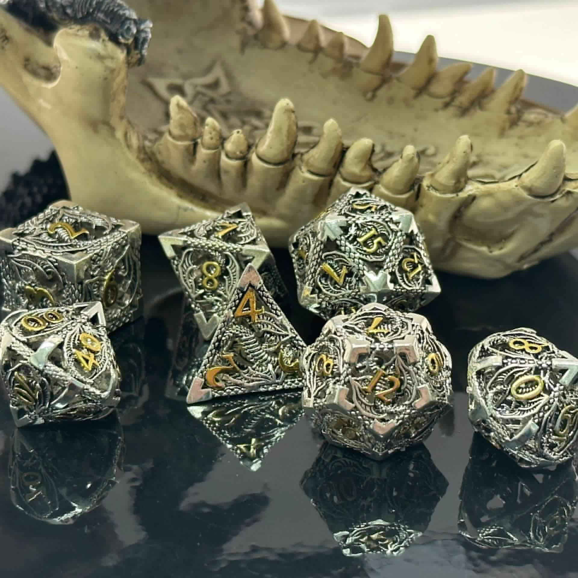 image-Metal D20 Dice - Hollow Dragon Design Green w/ Red Numbers