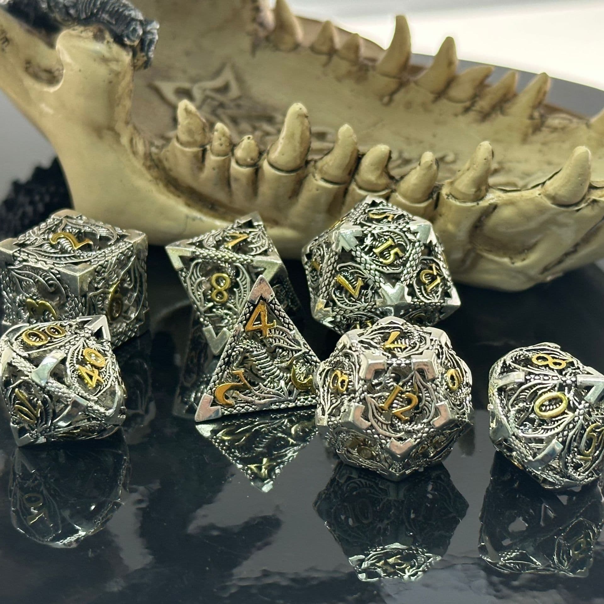 image-Metal D20 Dice - Hollow Dragon Design Green w/ Red Numbers
