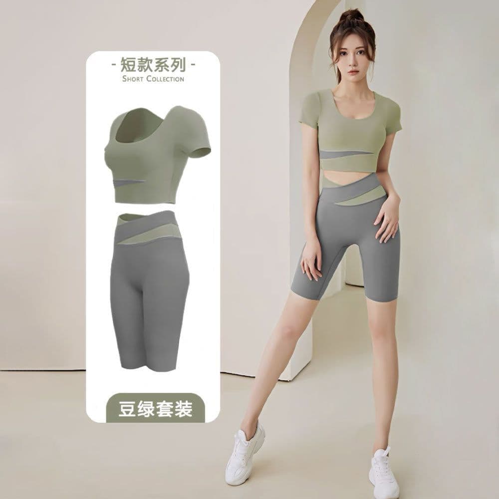 image-Summer new one-piece fixed chest pad sports top yoga pants suit fitness short-sleeved beauty back two-piece set for women