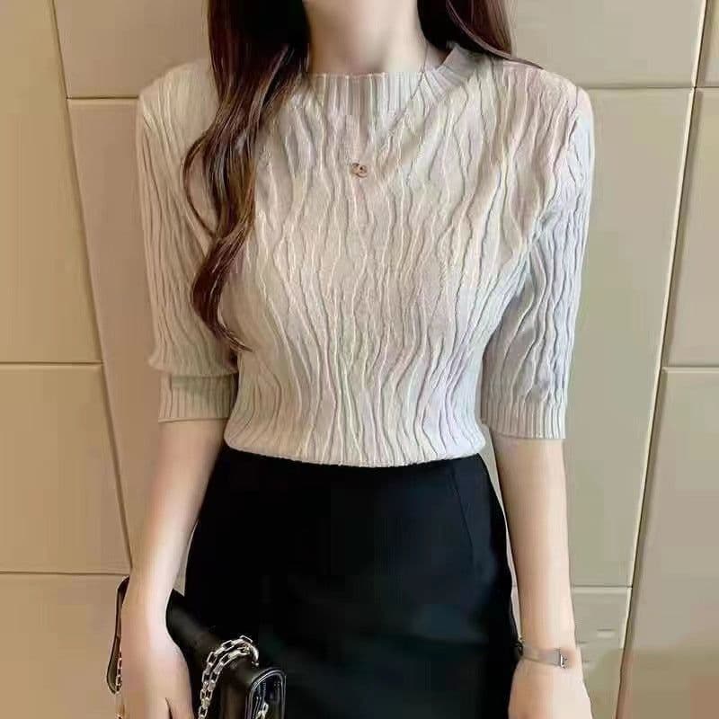 image-Women's 2023 Summer Slim Short Top Blue Cotton Shirt