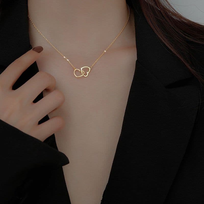 image-Japanese and Korean ins cold wind metal alloy peach heart double heart-shaped necklace female ring interlocking small love necklace