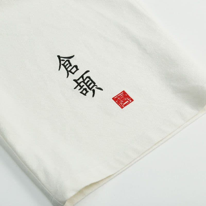 image-Chinese Retro Linen Embroidery Wide Leg Pants - Summer Loose Cotton Cropped