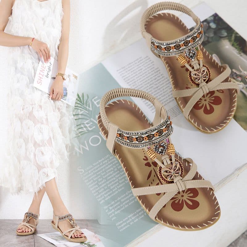 image-Ruilian 2023 Apricot Beach Sandals - Rhinestone Flat Open Toe TPR Sole, Large Size