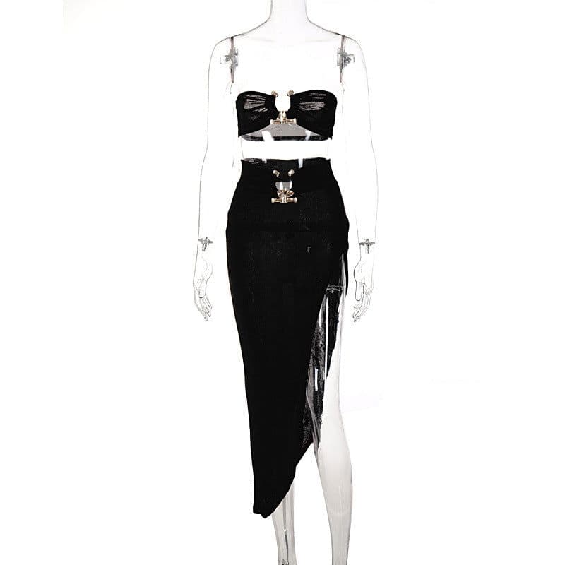 image-TUNNEL VISION Women's Two-Piece Set - Brown Sleeveless Skirt