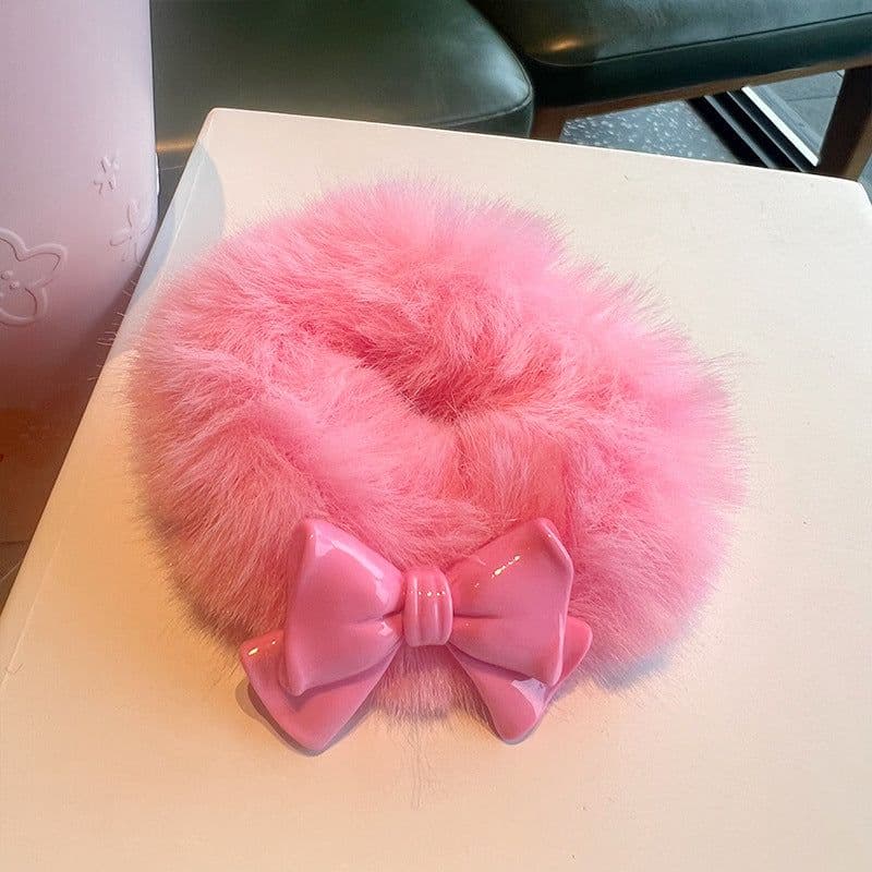 image-Japanese & Korean Bowknot Plush Hair Rope - Barbie Pink Loli Hair Accessory