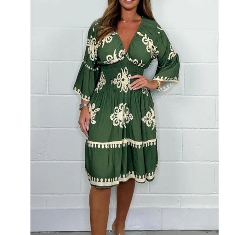 image-Women's Printed Midi Dress - Black Elastic Waist S