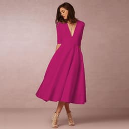 image-Women's Midi Dress - Rose Red V-Neck Swing Dress