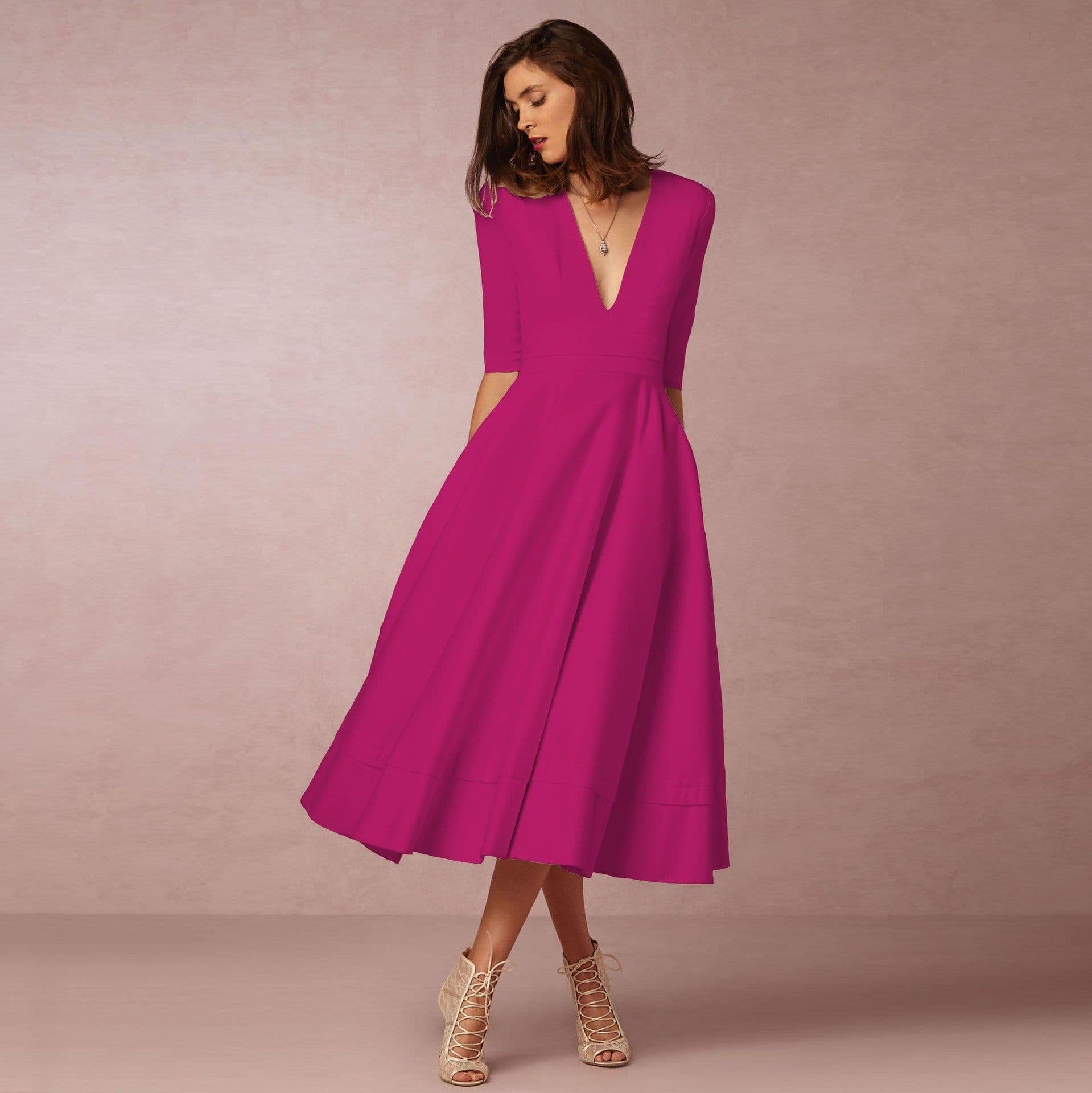 image-Women's Midi Dress - Rose Red V-Neck Swing Dress