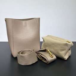 image-Genuine Leather Large Capacity Bucket Bag - Gray - Korean Style (65 characters)