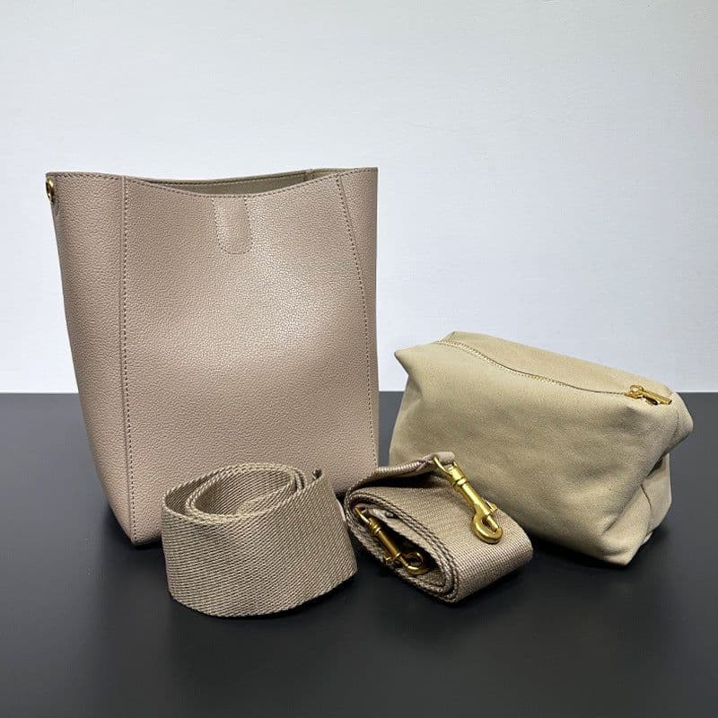 image-Genuine Leather Large Capacity Bucket Bag - Gray - Korean Style (65 characters)
