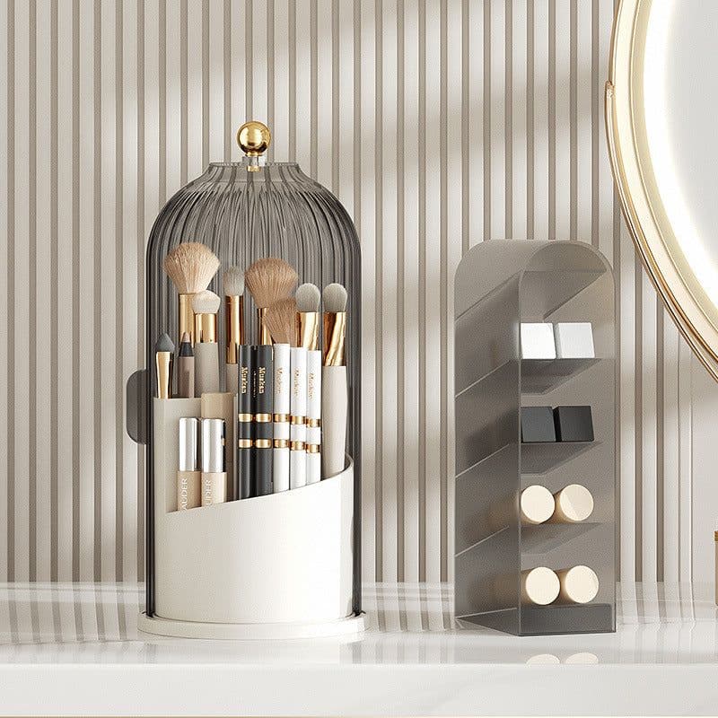 image-Light luxury bird cage lid cosmetic storage box desktop rotatable compartment storage tube transparent dustproof makeup box with cover