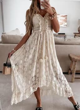 image-Lace Suspender Midi Dress - Apricot V Neck XXL