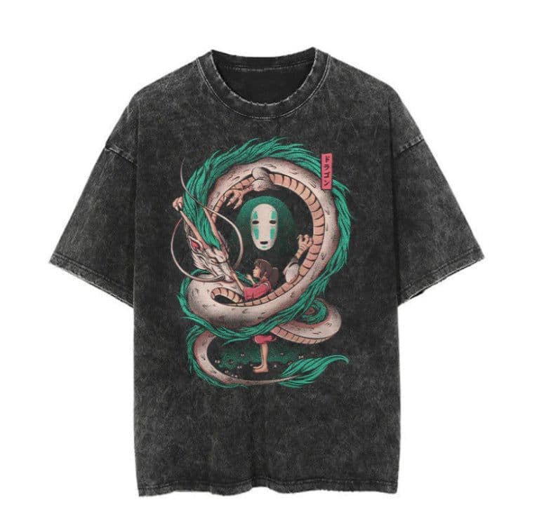 image-Washed Black Cartoon T-shirt, XXXL, Breathable Cotton