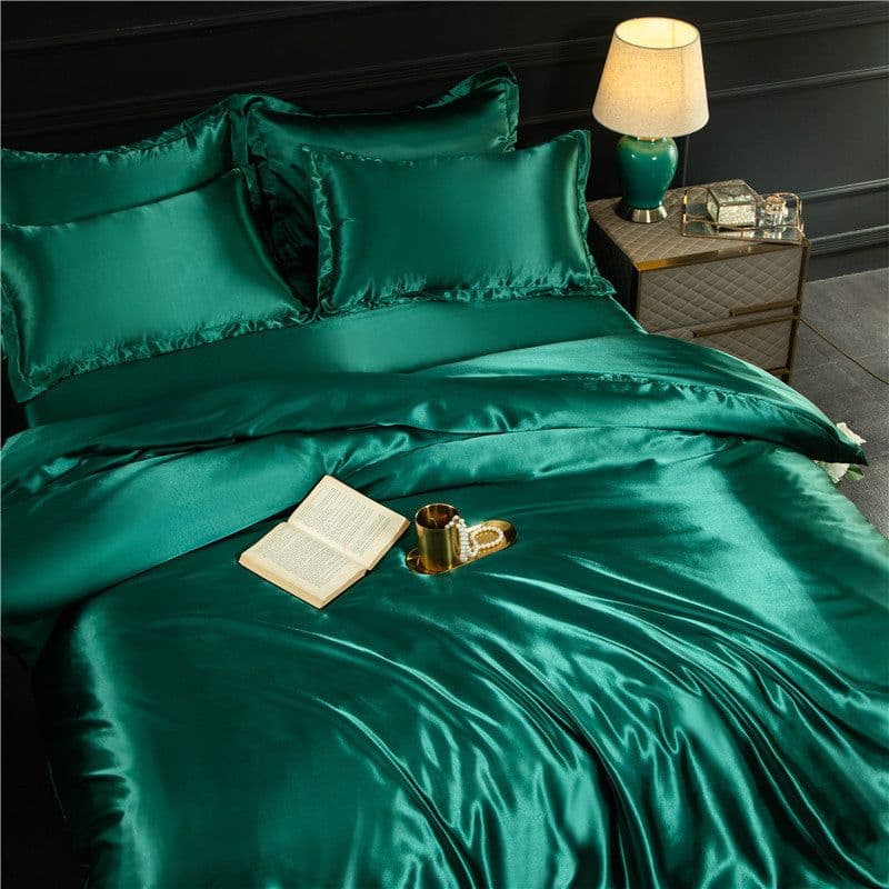 image-4-Piece Ice Silk Bedding Set - Pink Silver Gray