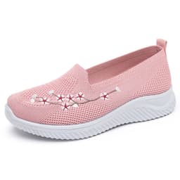 image-Women's Embroidered Sports Shoes - Lightweight, Pink/Black/Gray, Flat Heel