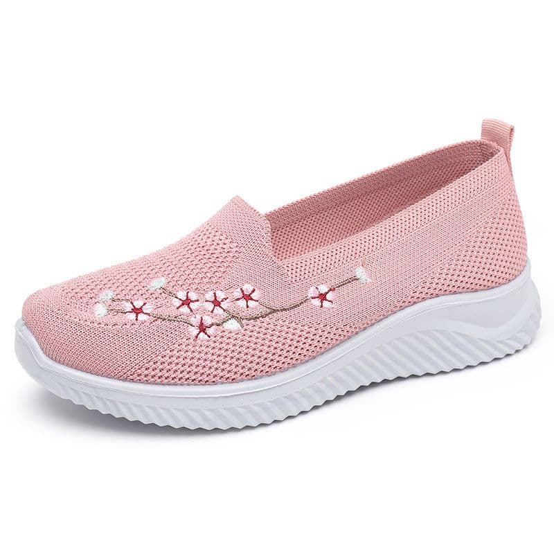 image-Women's Embroidered Sports Shoes - Lightweight, Pink/Black/Gray, Flat Heel