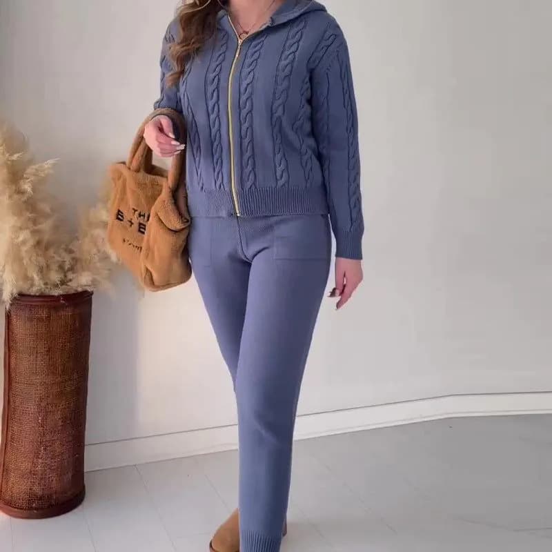 image-Women's Hooded Zipper Tracksuit - Dark Brown Twist Pattern