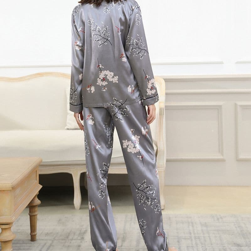 image-Women's Satin Pajama Set - Long Sleeve Cardigan Winter