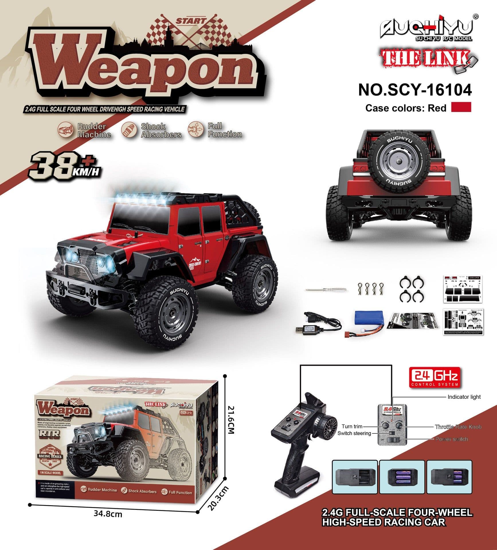 image-Suchiyu 1:16 RC Off-Road Car - Red Remote Control Toy