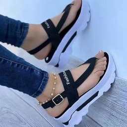 image-Women's Roman Sandals - Black Wedge Buckle