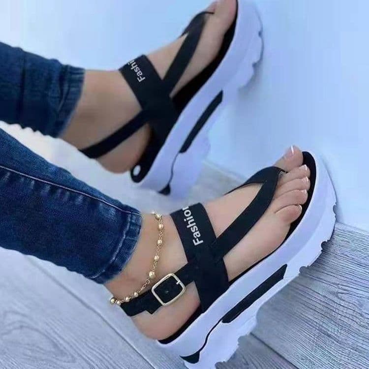 image-Women's Roman Sandals - Black Wedge Buckle