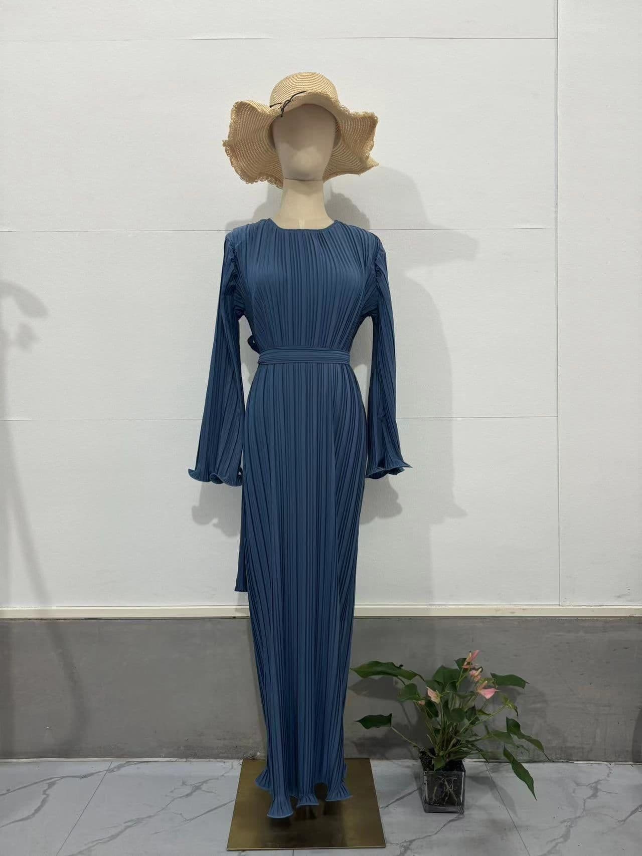 image-2023 Autumn Long Skirt Dress - Brown Pleated Bell Sleeve XXL