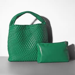 image-Woven Bucket Bag - Black Vegan Leather Large