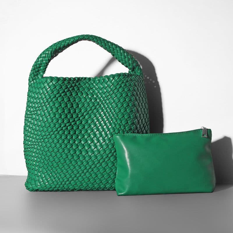 image-Woven Bucket Bag - Black Vegan Leather Large