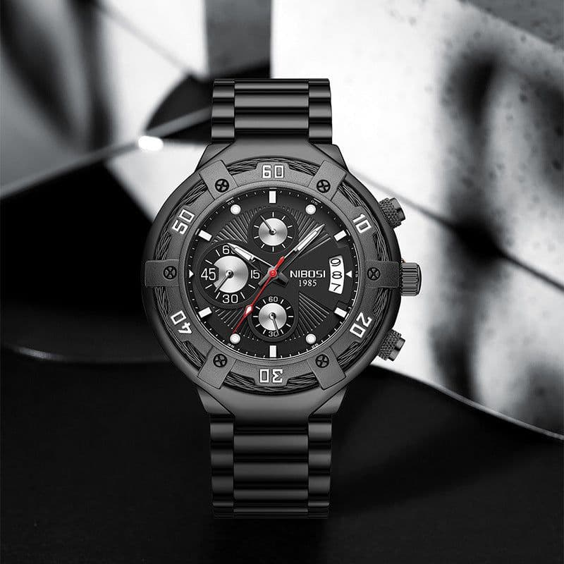 image-NIBOSI Men's Watch 46mm Quartz Black Gold