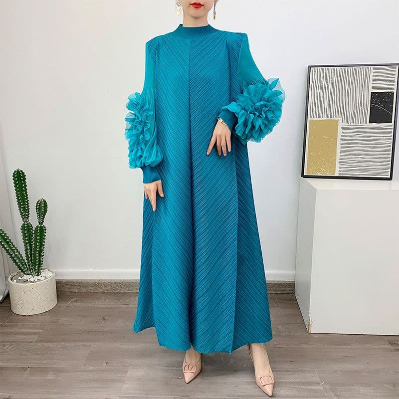 image-Royal Blue Pleated Long Dress - Polyester Loose Fit