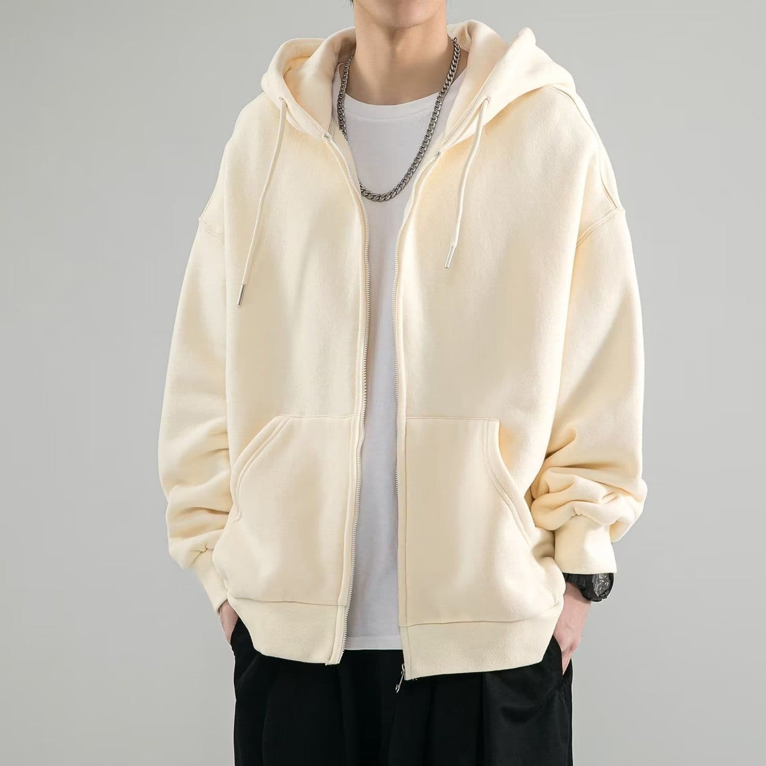 image-Men's Hooded Cardigan Sweatshirt - Dark Gray, 5XL, Loose Fit