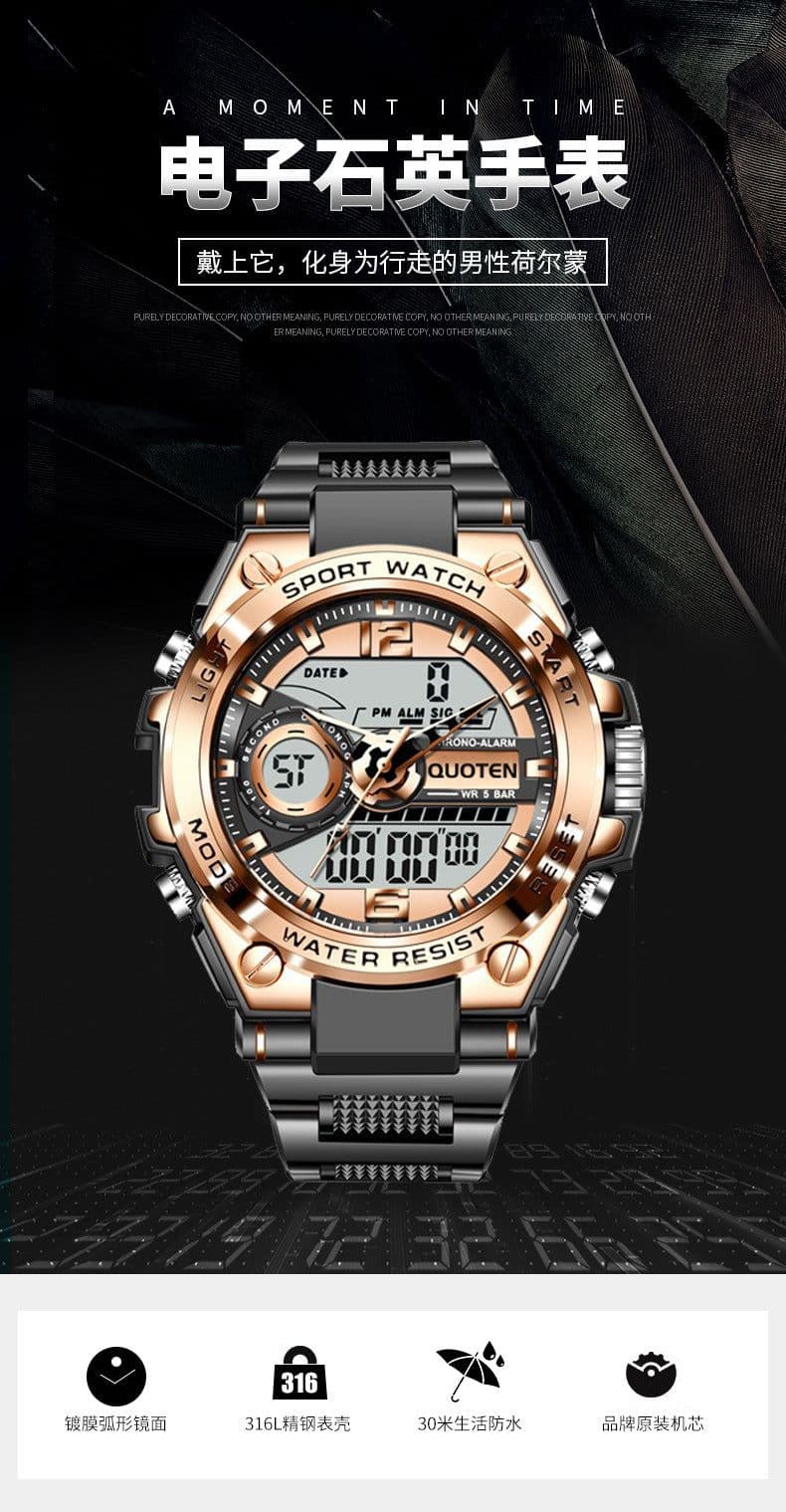 image-Men's Black Sports Watch 45mm Round Dial 1.2"