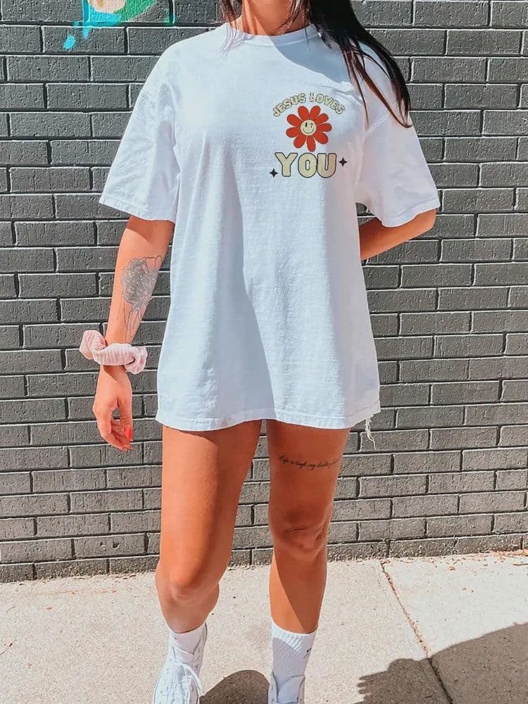 image-Women's Printed T-Shirt - White XXL Cotton Loose